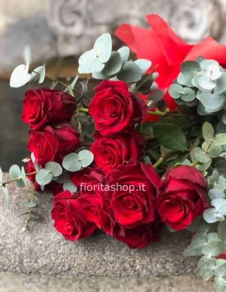 rose rosse da 50cm con verde e gipsofila